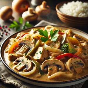 Romige kip Stroganoff met sappige kipstukjes, champignons, paprika en ui in een kruidige saus, geserveerd met rijst en verse peterselie op een rustieke tafel.