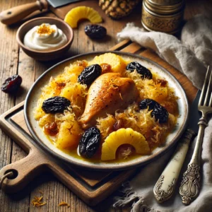 Een smaakvolle ovenschotel met malse, goudbruine kippenbouten, geserveerd op een bedje van warme zuurkool, zoete ananasstukjes en zachte pruimen. De romige crème fraîche saus en een vleugje geraspte sinaasappelschil zorgen voor een perfecte balans tussen fris en hartig. Naast het bord liggen een vintage vork en mes, samen met een linnen servet op een rustieke houten tafel. Op de achtergrond staat een houten snijplank met extra pruimen, ananas en een schaaltje crème fraîche. De warme, natuurlijke belichting benadrukt de rijke smaken en troostrijke texturen van dit gerecht.