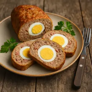 Een plak klassiek gevuld gehakt met hardgekookte eieren in het midden, goudbruin gebakken en geserveerd op een rustieke houten tafel met natuurlijke belichting.