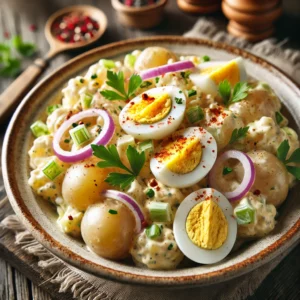 Romige aardappelsalade met gekookte aardappelen, rode ui, selderij en een frisse mayonaisedressing, gegarneerd met plakjes ei en peterselie.