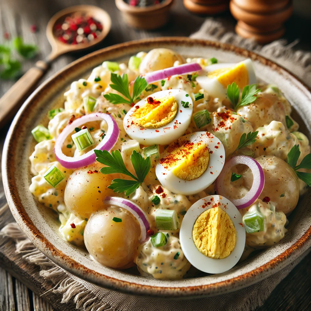 Romige aardappelsalade met gekookte aardappelen, rode ui, selderij en een frisse mayonaisedressing, gegarneerd met plakjes ei en peterselie.