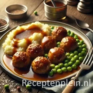 Traditionele gehaktballen op smaak gebracht met nootmuskaat, geserveerd met aardappelpuree, doperwten en rijke bruine jus op een rustieke houten tafel, met jus die in de puree loopt en een vork nonchalant ernaast.