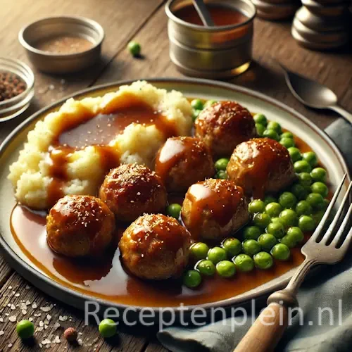 Traditionele gehaktballen op smaak gebracht met nootmuskaat, geserveerd met aardappelpuree, doperwten en rijke bruine jus op een rustieke houten tafel, met jus die in de puree loopt en een vork nonchalant ernaast.