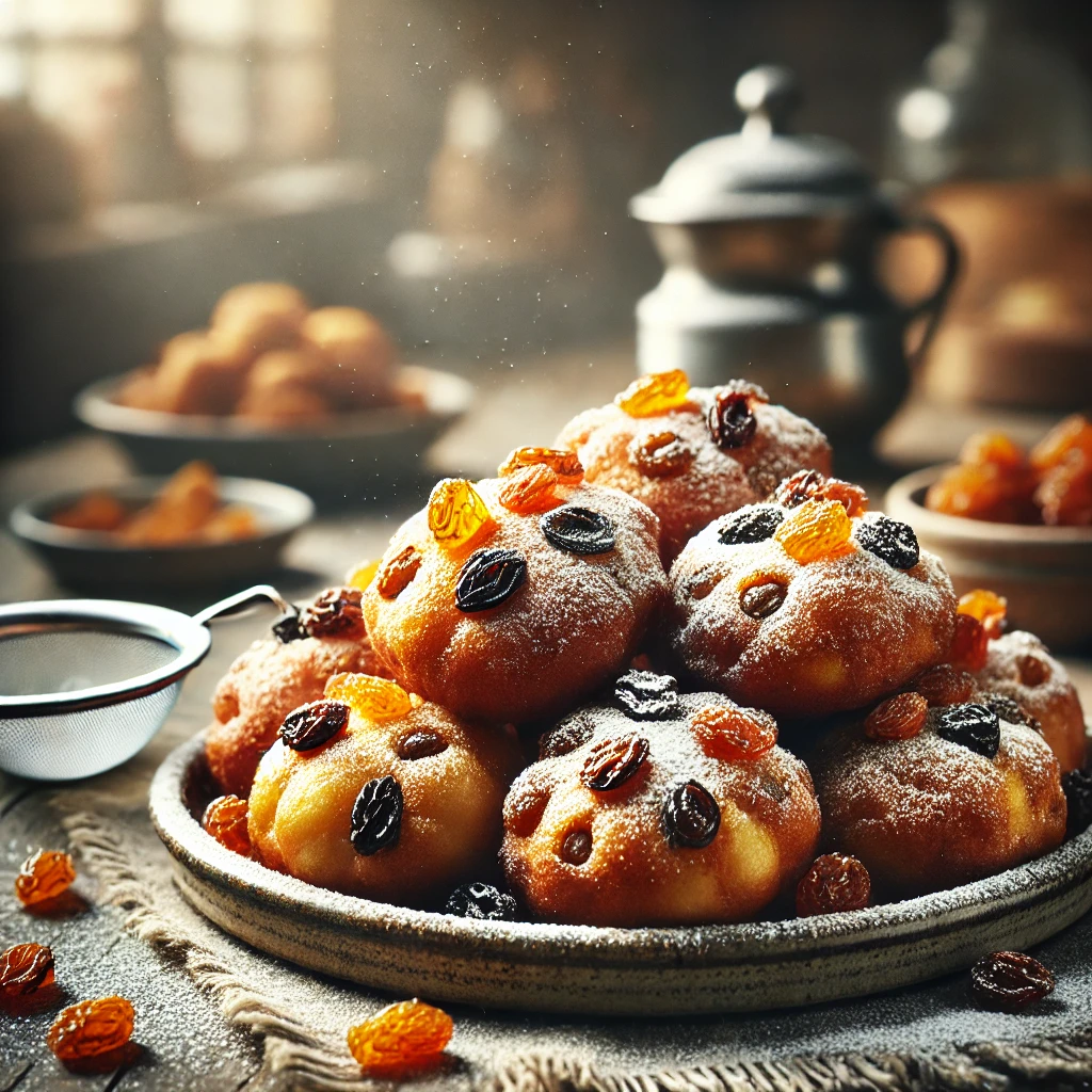 Goudbruine klassieke oliebollen met rozijnen en sukade, licht bestoven met poedersuiker en geserveerd op een rustieke houten tafel.