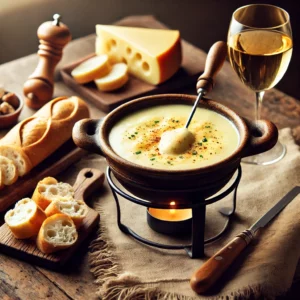 Een rustieke houten tafel met een traditionele Zwitserse kaasfondue van Emmentaler en Gruyère, geserveerd in een klassieke caquelon. Ernaast liggen knapperige stokbroodstukken, een glas witte wijn en een houten lepel, in een warme en uitnodigende setting.