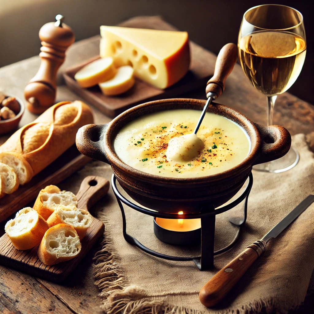 Een rustieke houten tafel met een traditionele Zwitserse kaasfondue van Emmentaler en Gruyère, geserveerd in een klassieke caquelon. Ernaast liggen knapperige stokbroodstukken, een glas witte wijn en een houten lepel, in een warme en uitnodigende setting.