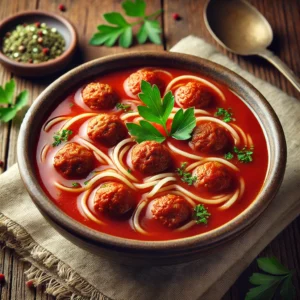 Een huisgemaakte tomatensoep met een diepe rode kleur, gevuld met kleine, malse gehaktballetjes en dunne vermicelli. Een takje verse peterselie zorgt voor een frisse groene touch. De soep wordt geserveerd in een rustieke keramische kom op een houten tafel, met een vintage lepel, een linnen servet en een schaaltje extra gehakte kruiden. Zachte natuurlijke verlichting benadrukt de warme tinten en troostrijke texturen van het gerecht.