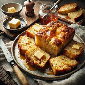 Een traditioneel Nederlands gerecht, Klont (Boekweitpudding), geserveerd in dikke plakken op een rustieke houten tafel. De pudding heeft een stevige, vochtige structuur met een licht goudbruine korst. Een laagje gesmolten boter of spekvet glanst over de bovenkant voor extra smaak. Naast het bord staat een klein potje stroop voor een zoete toevoeging. Op de achtergrond ligt een houten snijplank met extra plakken Klont, een schaaltje boter en een lepel. De warme, natuurlijke belichting benadrukt de robuuste textuur en nostalgische uitstraling van dit streekgerecht.