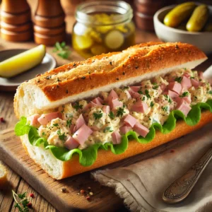 Een rustieke houten tafel met een knapperig pistoletje, opengesneden en gevuld met romige beenhamsalade. De salade bestaat uit blokjes gekookte beenham, mayonaise, mosterd, kruiden en stukjes bleekselderij. Het broodje is gegarneerd met verse sla en bieslook. Ernaast liggen schijfjes augurk en een servet. De achtergrond toont een gezellige lunchsetting met warme verlichting.