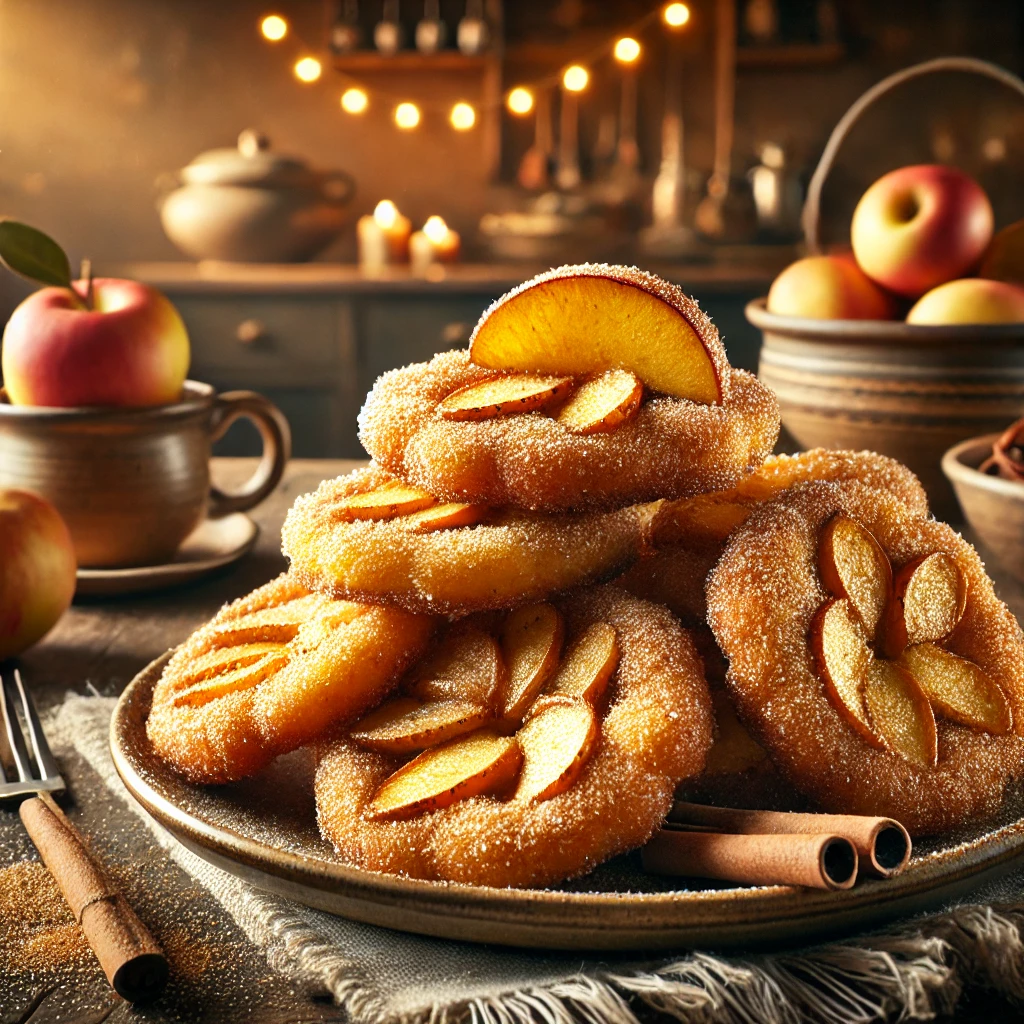 Een rustieke houten tafel met goudbruine, knapperige appelbeignets die rijkelijk zijn bestrooid met kaneelsuiker. De beignets zijn rond en licht bol, met zichtbare appelschijven in het midden. Enkele zijn opengesneden om het warme appelhart te tonen. Geserveerd op een keramisch bord met extra kaneelsuiker eromheen. De achtergrond toont een gezellige keuken met warme, feestelijke verlichting.