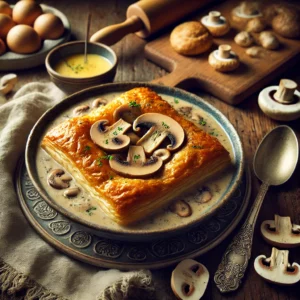 Een romige champignonsoep geserveerd in een ovenvaste kom met een knapperig, goudbruin bladerdeegdakje. De soep is rijk gevuld met plakjes champignons en oesterzwammen, en het bladerdeeg is glanzend afgebakken met een laagje eidooier. Naast de kom ligt een vintage lepel en een linnen servet op een rustieke houten tafel. Op de achtergrond staat een houten snijplank met extra champignons, een deegroller en een schaaltje losgeklopt ei. De warme, natuurlijke belichting benadrukt de rijke smaken en knapperige texturen van dit heerlijke voorgerecht.