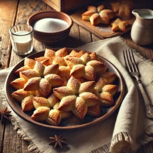 Een rustieke houten tafel met een bord vol versgebakken stervormige deegkoekjes, bestrooid met vanillesuiker. De koekjes zijn goudbruin en knapperig, gepresenteerd op een keramisch bord met een linnen servet ernaast, in een warme en gezellige setting.