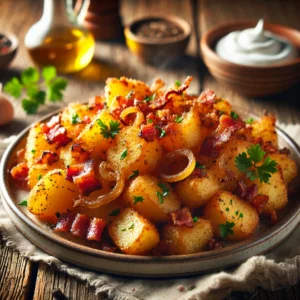 Krokant gebakken aardappelen met spekjes en gekarameliseerde ui, gegarneerd met verse peterselie en geserveerd met een romige dip op een rustieke houten tafel.