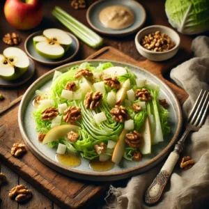 Een frisse en knapperige salade met dun gesneden ijsbergsla, plakjes bleekselderij, stukjes sappige appel en geroosterde walnoten. De salade is aangemaakt met een romige Roquefort- of zure roomsaus en elegant gepresenteerd op een rustieke houten tafel. In de achtergrond liggen extra appelpartjes, bleekselderij en een schaaltje dressing op een houten snijplank. De warme, natuurlijke belichting benadrukt de frisse en knapperige texturen van dit lichte en smaakvolle gerecht.
