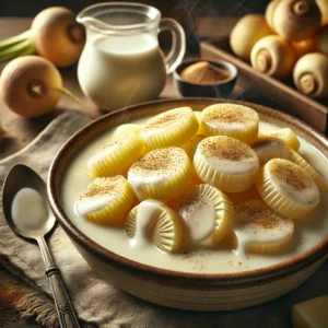 Voederknollen in romige melksaus met nootmuskaat, geserveerd in een rustieke kom op een houten tafel, met melk, boter en knollen op de achtergrond.