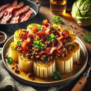 Geroosterde knolselderijschijven belegd met gekruid gehakt en krokante bacon, gegarneerd met peterselie op een rustiek bord op houten tafel.