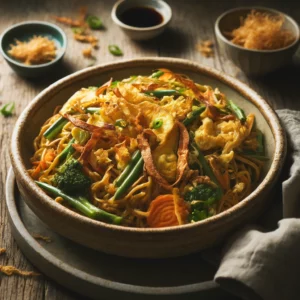 Een smaakvolle kokos bami met knapperige groenten, dunne reepjes goudgele omelet en een romige kokossaus, geserveerd in een rustieke keramische kom. Het gerecht is afgemaakt met een drizzle van ketjap manis en een knapperige topping van seroendeng. Op de rustieke houten tafel liggen een linnen servet, een paar chopsticks en een klein schaaltje met extra seroendeng. Zachte natuurlijke verlichting benadrukt de warme tinten en rijke texturen van het gerecht.