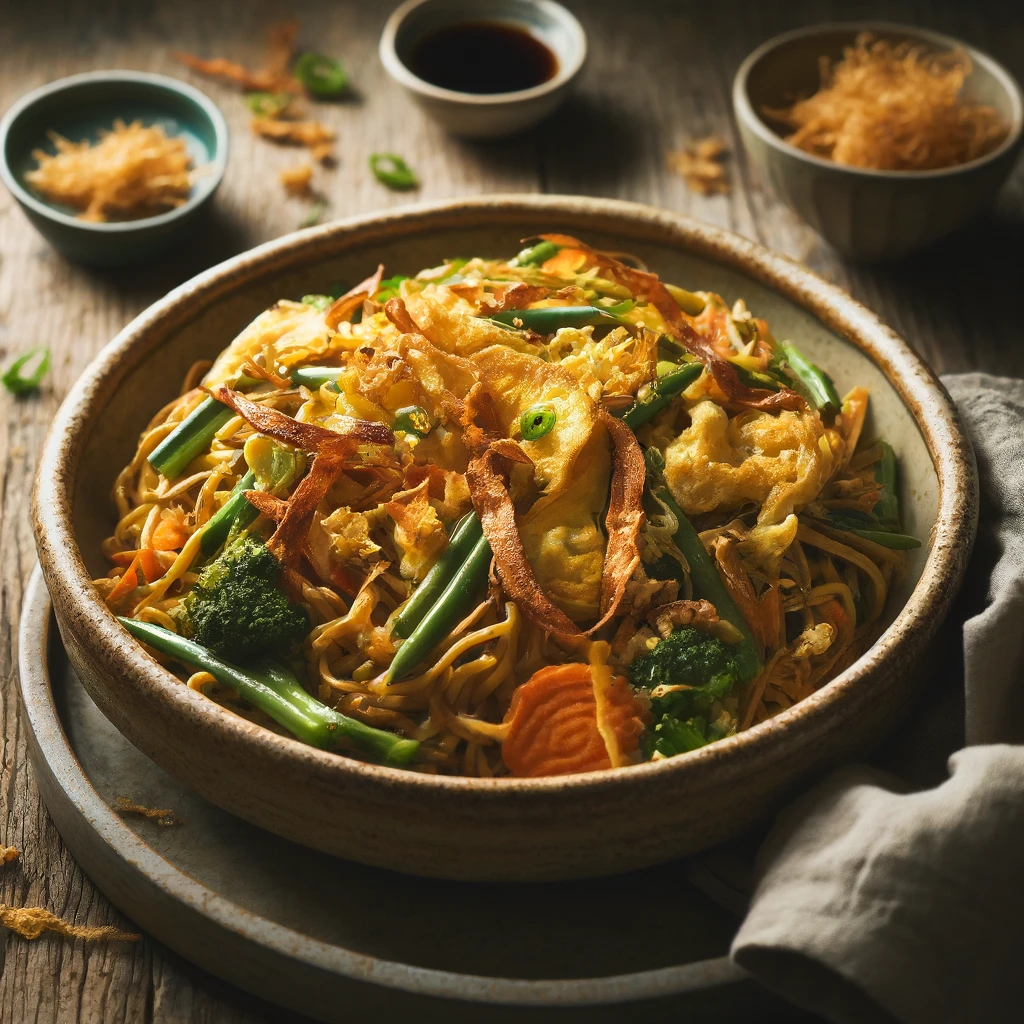Een smaakvolle kokos bami met knapperige groenten, dunne reepjes goudgele omelet en een romige kokossaus, geserveerd in een rustieke keramische kom. Het gerecht is afgemaakt met een drizzle van ketjap manis en een knapperige topping van seroendeng. Op de rustieke houten tafel liggen een linnen servet, een paar chopsticks en een klein schaaltje met extra seroendeng. Zachte natuurlijke verlichting benadrukt de warme tinten en rijke texturen van het gerecht.