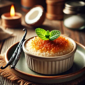 Romige kokosrijst brûlée met een goudbruine gekarameliseerde suikerlaag, gegarneerd met geroosterde kokosschilfers en verse munt, geserveerd op een rustieke houten tafel.