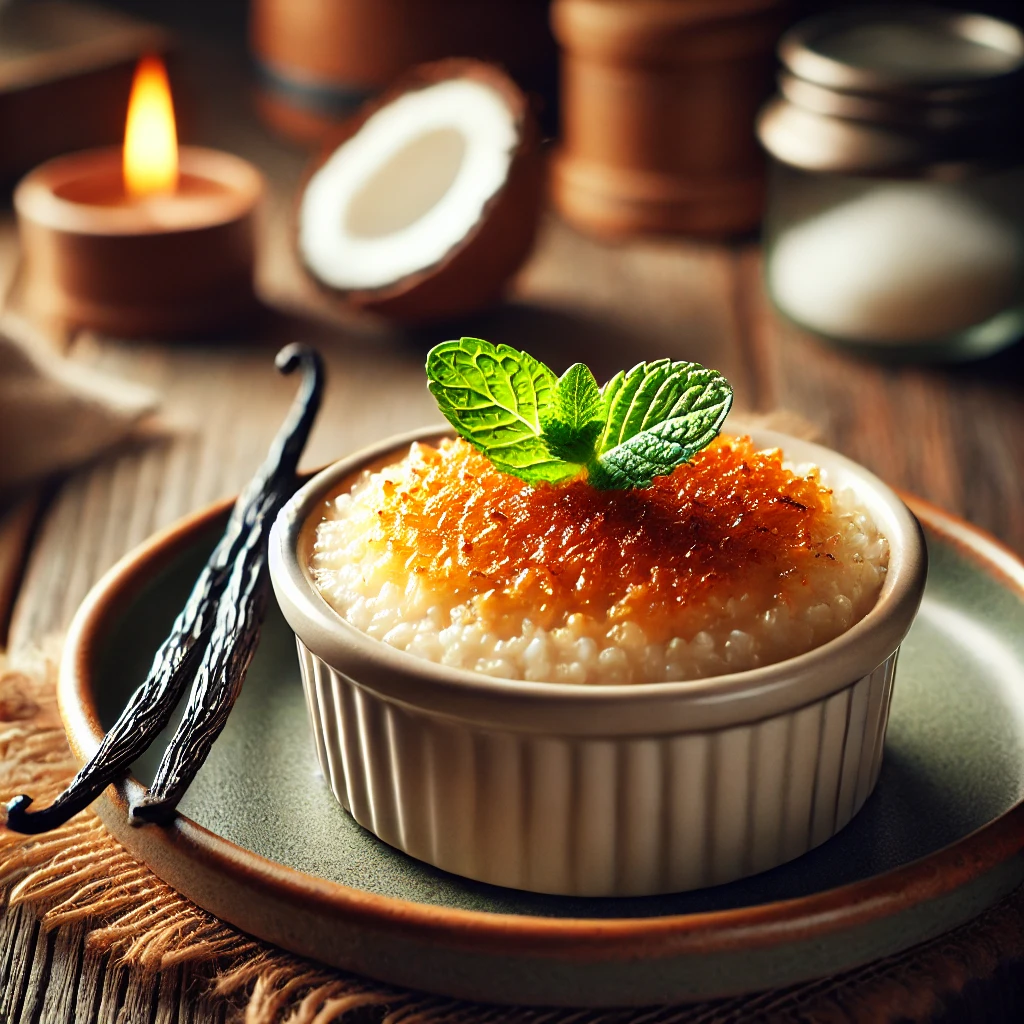 Romige kokosrijst brûlée met een goudbruine gekarameliseerde suikerlaag, gegarneerd met geroosterde kokosschilfers en verse munt, geserveerd op een rustieke houten tafel.