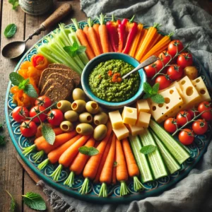 Een feestelijke borrelplank met knapperige bospeen, rode paprikareepjes en sappige kerstomaatjes, geserveerd met driehoekige plakken cheddar. In het midden staat een kommetje met romige groene olijvenpesto, gegarneerd met verse munt. De borrelplank ligt op een rustieke houten tafel, met een linnen servet en een vintage serveerlepel. Zachte natuurlijke verlichting benadrukt de levendige kleuren en verse ingrediënten van het gerecht.