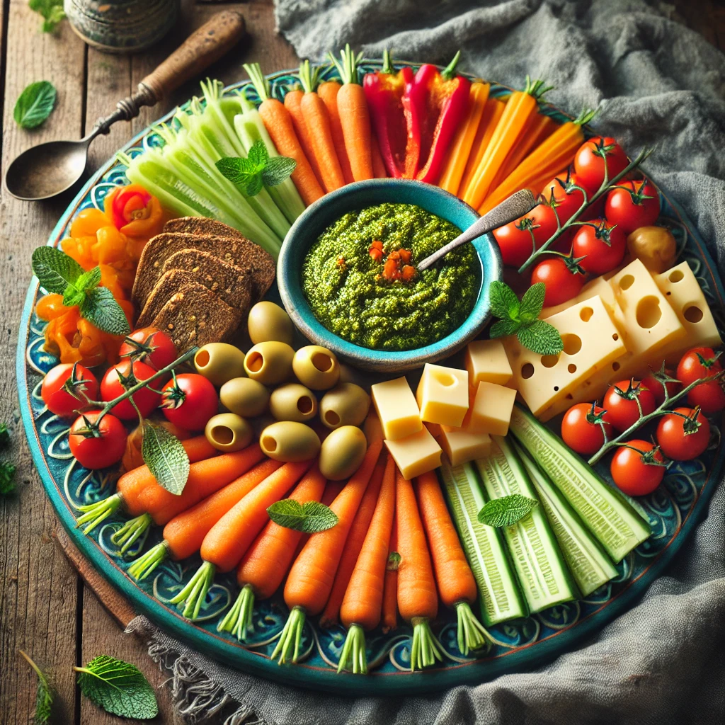 Een feestelijke borrelplank met knapperige bospeen, rode paprikareepjes en sappige kerstomaatjes, geserveerd met driehoekige plakken cheddar. In het midden staat een kommetje met romige groene olijvenpesto, gegarneerd met verse munt. De borrelplank ligt op een rustieke houten tafel, met een linnen servet en een vintage serveerlepel. Zachte natuurlijke verlichting benadrukt de levendige kleuren en verse ingrediënten van het gerecht.