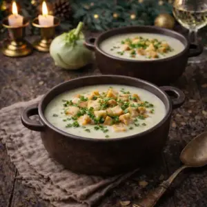 Romige koolrabi-crèmesoep geserveerd in rustieke kommen, gegarneerd met goudbruine kaascroûtons en verse basilicum, met kaarslicht, kerstgroen en een glas witte wijn op de achtergrond.