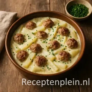 Ovenschotel met koolrabi en gehakt, overgoten met romige bieslooksaus en gesmolten kaas op houten tafel.