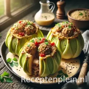 Gevulde koolrabi met kalfsgehakt, rijst en paprika, geserveerd met roomsaus en kruiden op houten tafel.