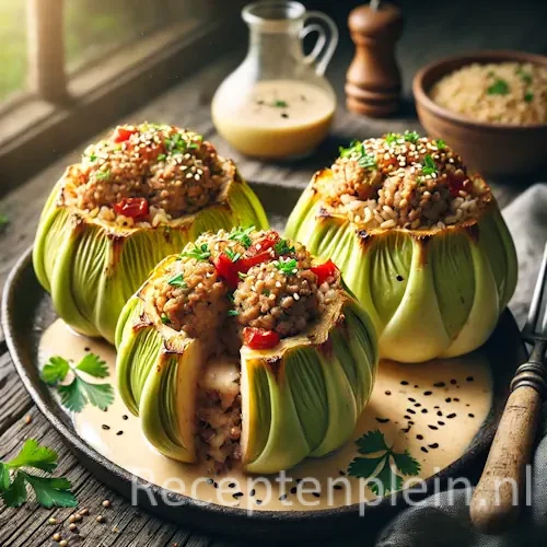 Gevulde koolrabi met kalfsgehakt, rijst en paprika, geserveerd met roomsaus en kruiden op houten tafel.