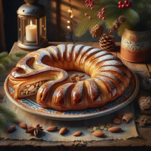 Een rustieke houten tafel met een goudbruine, krokante banketletter in de vorm van een 'S', gevuld met amandelspijs. Het bladerdeeg is glanzend en luchtig, bestoven met een dun laagje poedersuiker. De banketletter ligt op een feestelijk keramisch bord, met enkele plakjes gesneden zodat de vulling zichtbaar is. Er liggen decoratieve kersttakjes en rode besjes naast. De achtergrond toont een warme, feestelijke keuken.