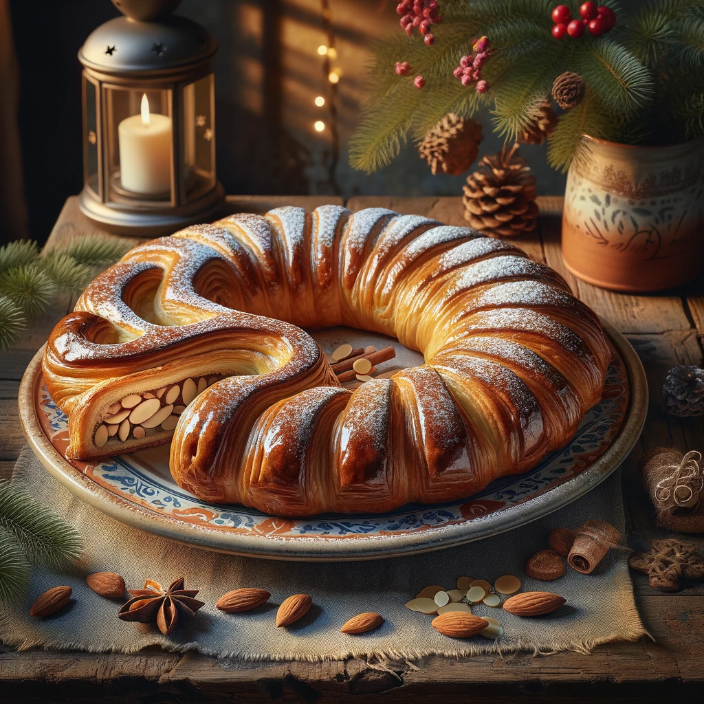 Een rustieke houten tafel met een goudbruine, krokante banketletter in de vorm van een 'S', gevuld met amandelspijs. Het bladerdeeg is glanzend en luchtig, bestoven met een dun laagje poedersuiker. De banketletter ligt op een feestelijk keramisch bord, met enkele plakjes gesneden zodat de vulling zichtbaar is. Er liggen decoratieve kersttakjes en rode besjes naast. De achtergrond toont een warme, feestelijke keuken.
