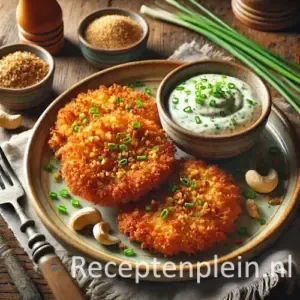 Goudbruine gehaktschnitzels met cashewnoten en bieslooksaus op rustiek bord met kom saus op houten tafel.