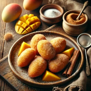 Een rustieke houten tafel met goudbruine, krokante mangobeignets, bestrooid met kaneelsuiker en poedersuiker. Ernaast liggen verse mangoschijfjes en een schaaltje kaneelsuiker.