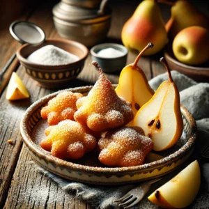 Een rustieke houten tafel met goudbruine, krokante perenbeignets, bestrooid met vanillesuiker en poedersuiker. Ernaast liggen verse perenschijfjes en een schaaltje vanillesuiker.