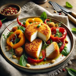Een prachtig gepresenteerd bord met krokant gebakken geitenkaas, geserveerd met geroosterde rode en gele paprika en verse paardenbloemblaadjes. De kaasjes hebben een goudbruine korst met een romige binnenkant. De paprika’s zijn lichtgekarameliseerd en zorgen voor een zoete toets. Het geheel is besprenkeld met een lichte vinaigrette van hazelnootolie en witte wijnazijn, en afgemaakt met geroosterde pijnboompitten en verse basilicum. Geserveerd op een rustieke houten tafel met een linnen servet en vintage bestek.