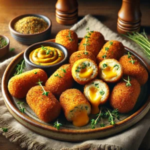 Een bord met goudbruine, knapperige kaaskroketjes met tijm en bieslook, vers gebakken en gerangschikt op een rustiek keramisch bord. De kleine, cilindervormige kroketjes hebben een krokante paneerlaag en één is doorgesneden, waardoor de romige, gesmolten kaasvulling met kruiden zichtbaar is. Het gerecht is gegarneerd met extra fijngehakte bieslook en tijm. Ernaast staat een schaaltje mosterddip. De setting bevat een houten tafel, een linnen servet en warme sfeerverlichting die de texturen en kleuren benadrukt.