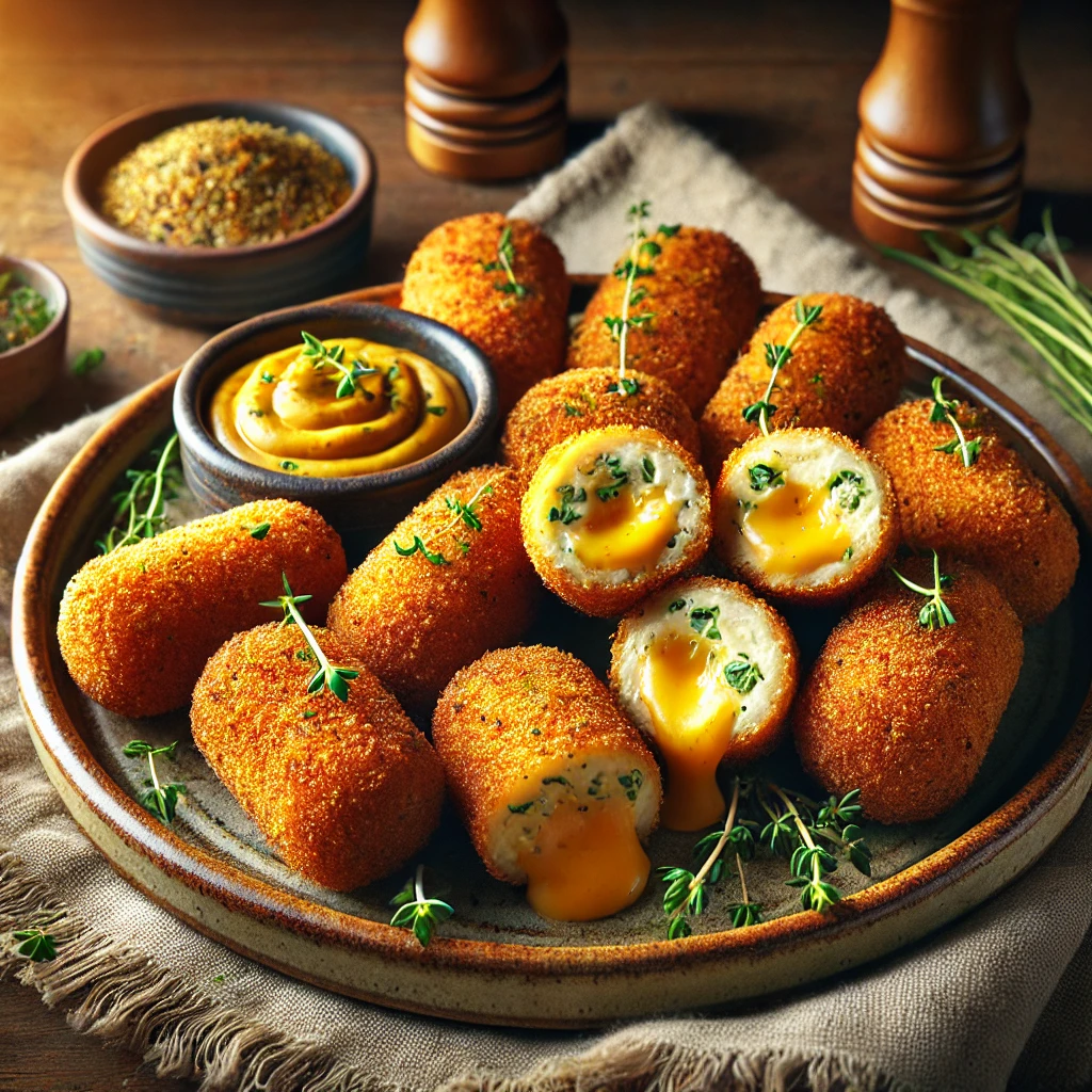 Een bord met goudbruine, knapperige kaaskroketjes met tijm en bieslook, vers gebakken en gerangschikt op een rustiek keramisch bord. De kleine, cilindervormige kroketjes hebben een krokante paneerlaag en één is doorgesneden, waardoor de romige, gesmolten kaasvulling met kruiden zichtbaar is. Het gerecht is gegarneerd met extra fijngehakte bieslook en tijm. Ernaast staat een schaaltje mosterddip. De setting bevat een houten tafel, een linnen servet en warme sfeerverlichting die de texturen en kleuren benadrukt.