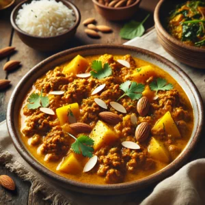 Oosters gehakt recept met kerriegehakt, blokjes mango en amandelen in een romige saus – een kruidig stoofgerecht met koriander, perfect als kerriegerecht met gehakt en heerlijk met rijst en gestoofde spinazie.