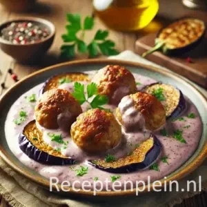Gehaktballetjes met romige auberginesaus en peterselie op rustiek bord met olijfolie op houten tafel.