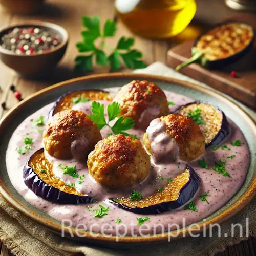 Gehaktballetjes met romige auberginesaus en peterselie op rustiek bord met olijfolie op houten tafel.