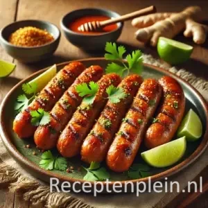 Goudbruine gehaktworstjes met gember, koriander en limoen op rustiek bord met dipsaus op houten tafel.