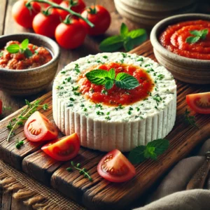 Een rustieke houten tafel met een frisse kaasterrine van ricotta, geitenkaas en kruiden, geserveerd met zelfgemaakte tomatensaus. De terrine is glad en romig, gegarneerd met verse bieslook en munt. Ernaast staan schaaltjes tomatensaus, tomaatblokjes en sprietjes bieslook.