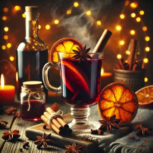 Glazen mok met warme oudejaarswijn, dampend en gegarneerd met sinaasappel, kaneel en steranijs, omringd door feestelijke lichtjes en winterse kruiden.
