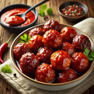 Haarscherpe afbeelding van goudbruine gehaktballetjes in een rijke, glanzende sambalsaus met diepe rode kleur. Geserveerd in een wit keramisch kommetje en afgewerkt met verse koriander op een rustieke houten tafel.