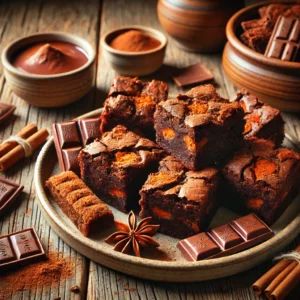 Een rustieke houten tafel met rijke, fudgy brownies gevuld met knapperige kruidnoten, geserveerd op een keramisch bord. De brownies zijn bestrooid met cacaopoeder en extra kruidnoten. Ernaast liggen een kom gesmolten chocolade, een schaaltje kruidnoten en een vleugje kaneel.