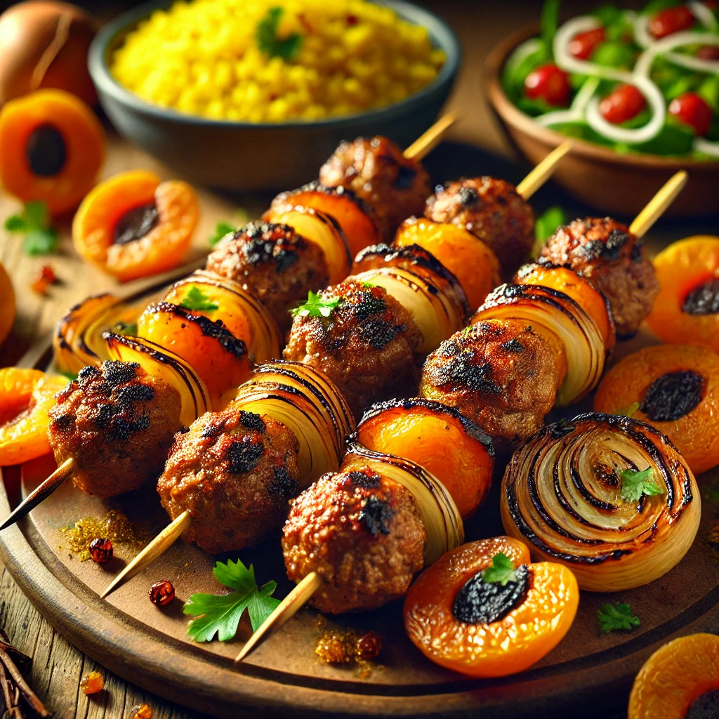 Zuid-Afrikaanse spiesjes recept met gekruide lamsgehaktspies, gedroogde abrikozen en ui – een zoet hartig gerecht van gegrilde sosaties met fruit en vlees, geserveerd voor barbecue met rijst en salade.