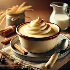 Romige biestpudding met een glanzend oppervlak, geserveerd in een rustiek kommetje met kaneel en slagroom, op een houten tafel met landelijke uitstraling.