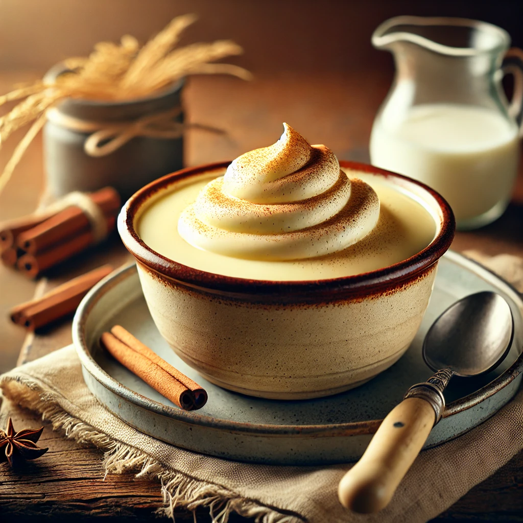 Romige biestpudding met een glanzend oppervlak, geserveerd in een rustiek kommetje met kaneel en slagroom, op een houten tafel met landelijke uitstraling.