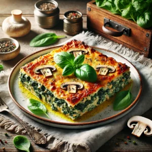 Een rustieke tafel met een prachtig gepresenteerde lasagne, gevuld met spinazie, gorgonzola en champignons. Het gerecht heeft een gouden korst, versierd met kruiden, en de tafel heeft een gezellige uitstraling met zachte, natuurlijke verlichting en rustieke accenten.